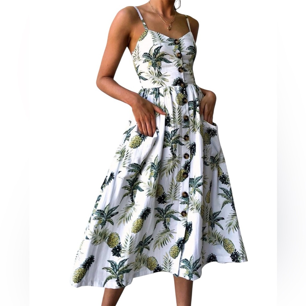 Amazon Tropical Print White Dress - size medium